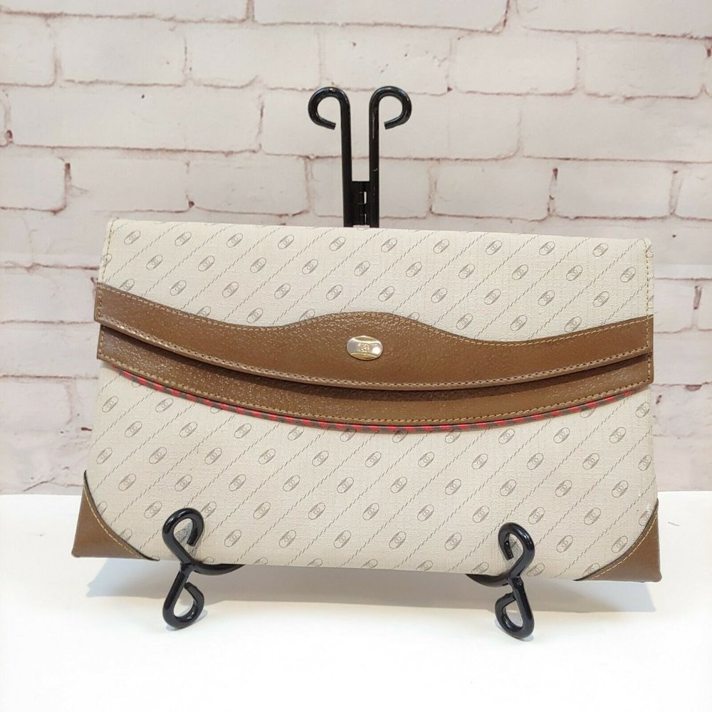 Vintage All Over Logo Print 2 Fold Over Clutch Bag Beige Brown Cream Gold